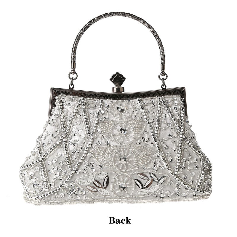 DA BODAN Women's Evening Bag Vintage Beaded Sequin Pearl Clutch Handbag Shoulder Bag Purses for Wedding Bridal Prom Party (Silver) - Image 2